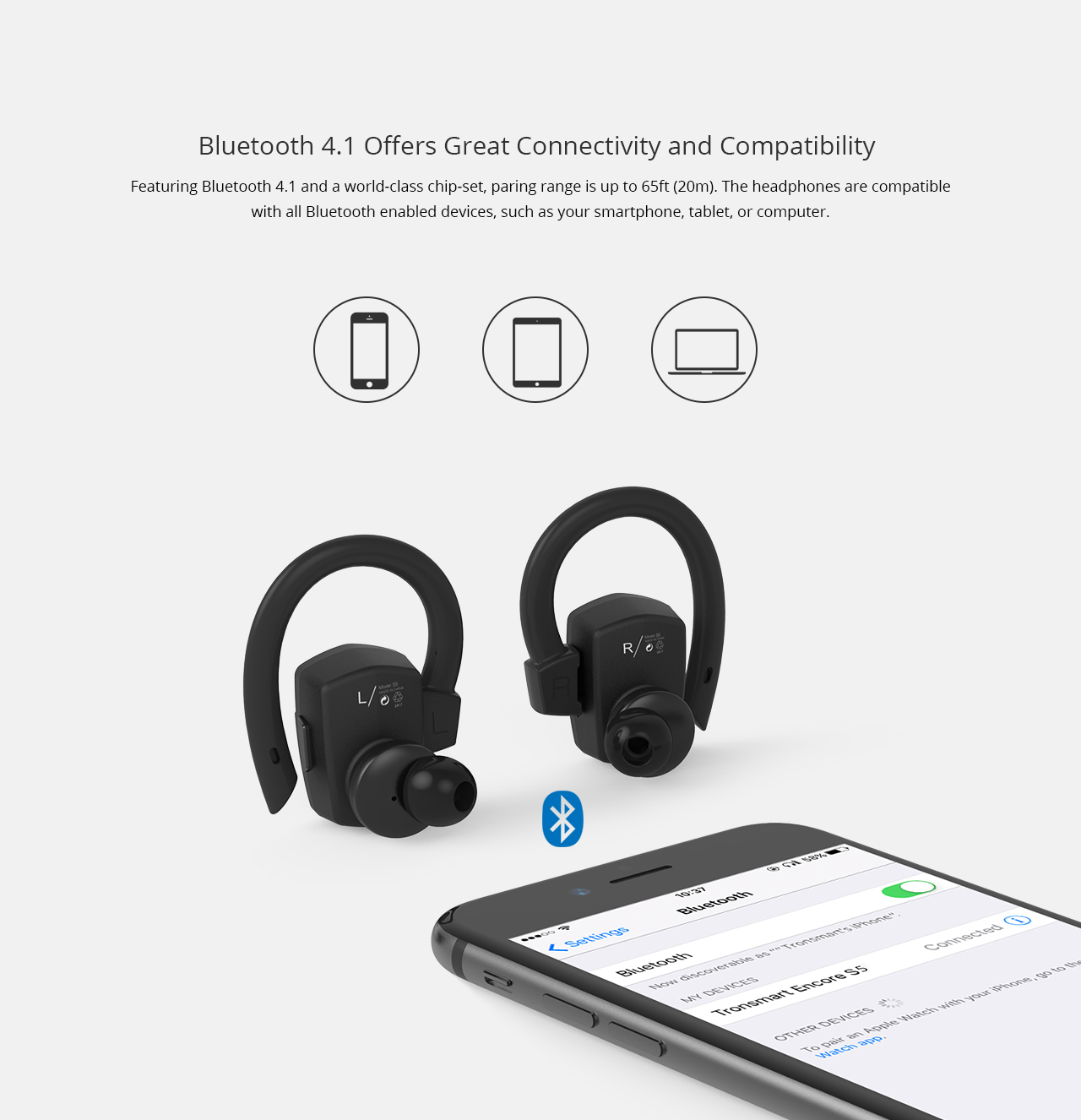 Tronsmart Encore S5 True Wireless Headphones Sports Bluetooth Earphones with Mic for iPhone Android and More - Black