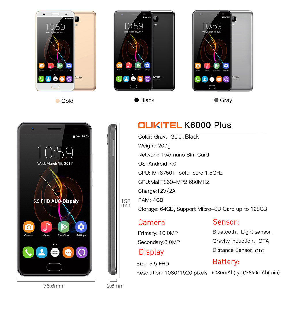 [HK Stock]OUKITEL K6000 PLUS 5.5 Inch FHD 2.5D Asahi Glass Screen 4GB RAM 64GB ROM 16MP Cam MT6750T Octa Core 4G LTE Android 7.0 Smartphone Touch ID 6080mAh Big Battery HiFi - Gold