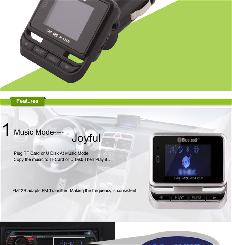 FM12B Wireless Bluetooth Handsfree FM Transmitter Car Kit USB Car Charger MP3 Player with Remote Control - Silver