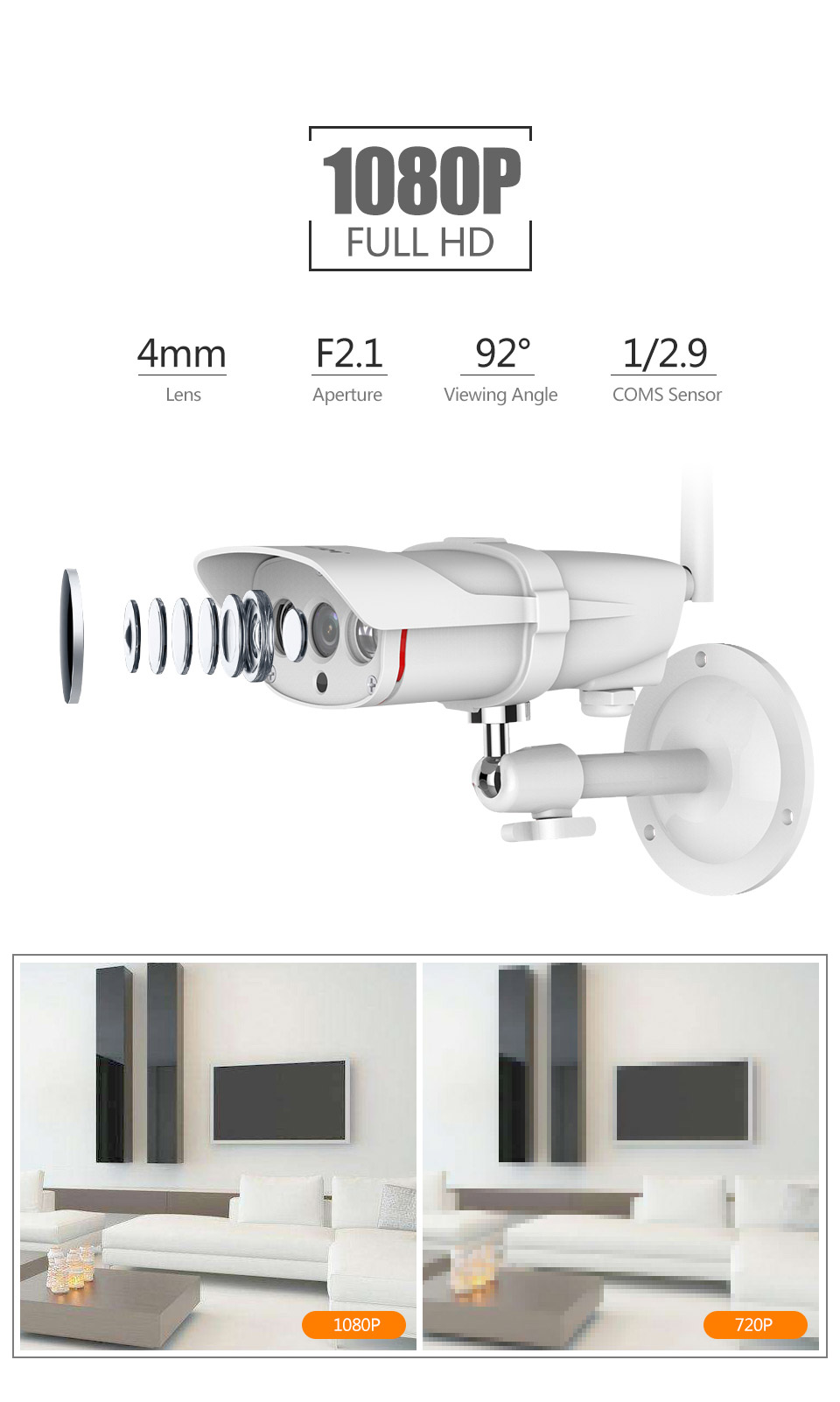 VStarcam C16S Outdoor IP Camera 2.0MP H.264 Waterproof IP67 Wireless Motion Detection Built-in IR-cut Night Vision Security Camera -White