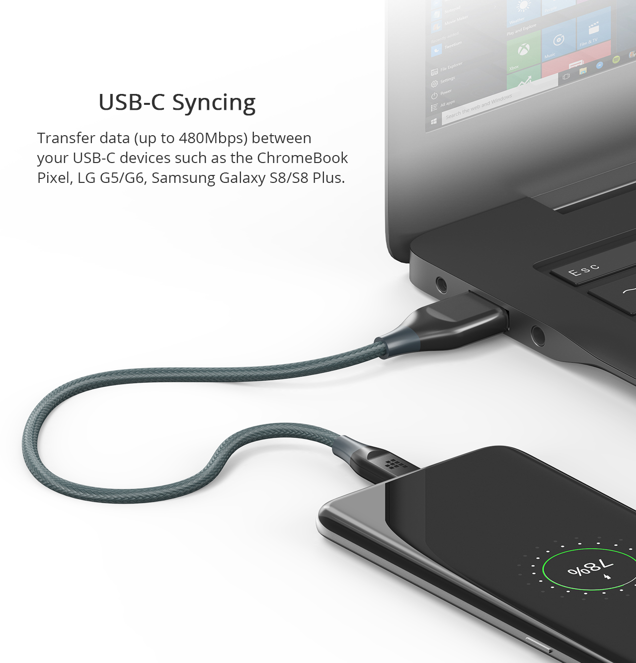 Tronsmart 1m*1  USB A TO Type-C Cable Sync & Charging Cable for Type-C Supported Devices - Gray+Black