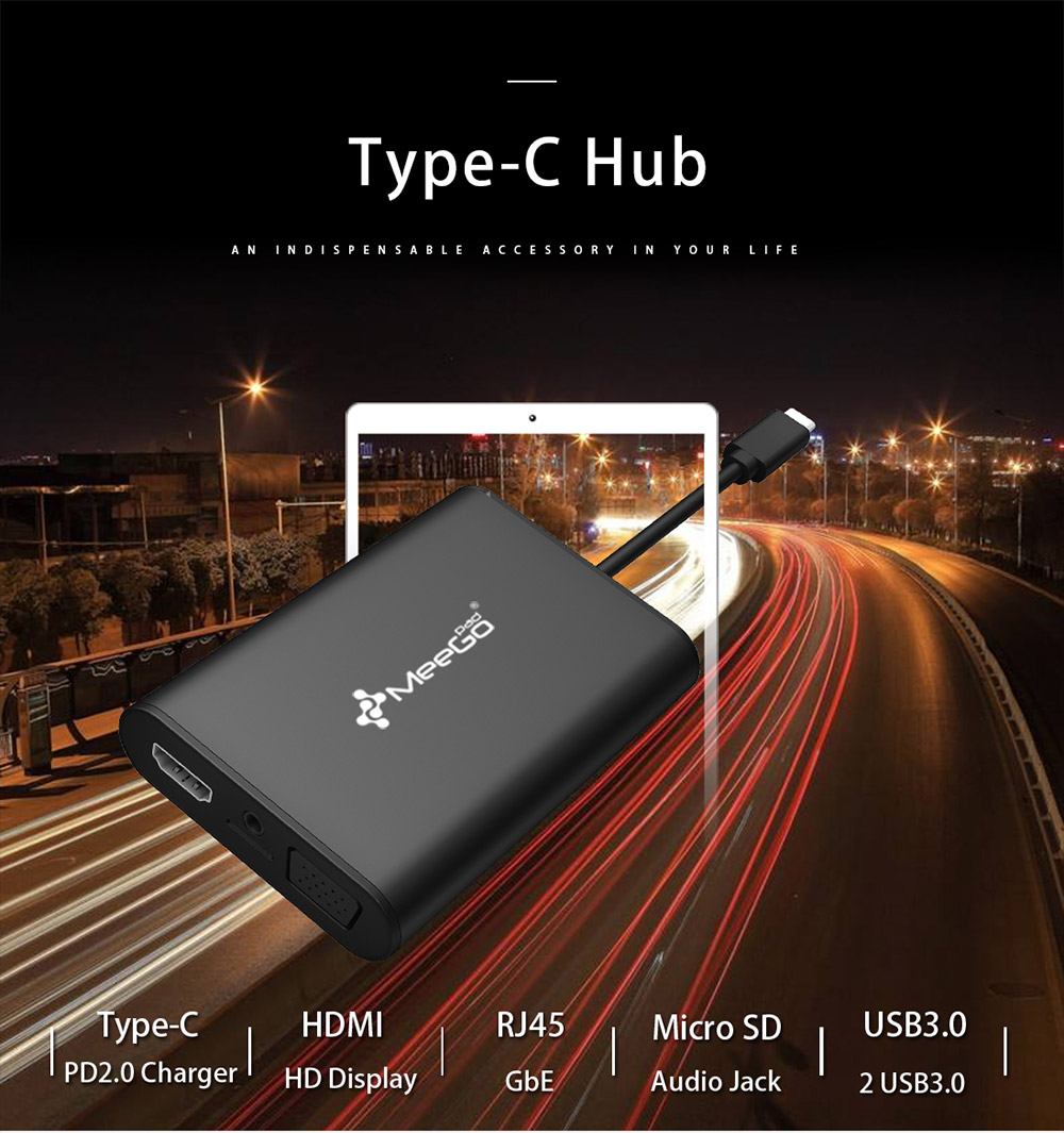 MeeGo Pad Type-C Hub with Type-C Charging Port USB 3.0 HDMI VGA Card Reader RJ45 Gigabit Ethernet LAN Network Adapter
