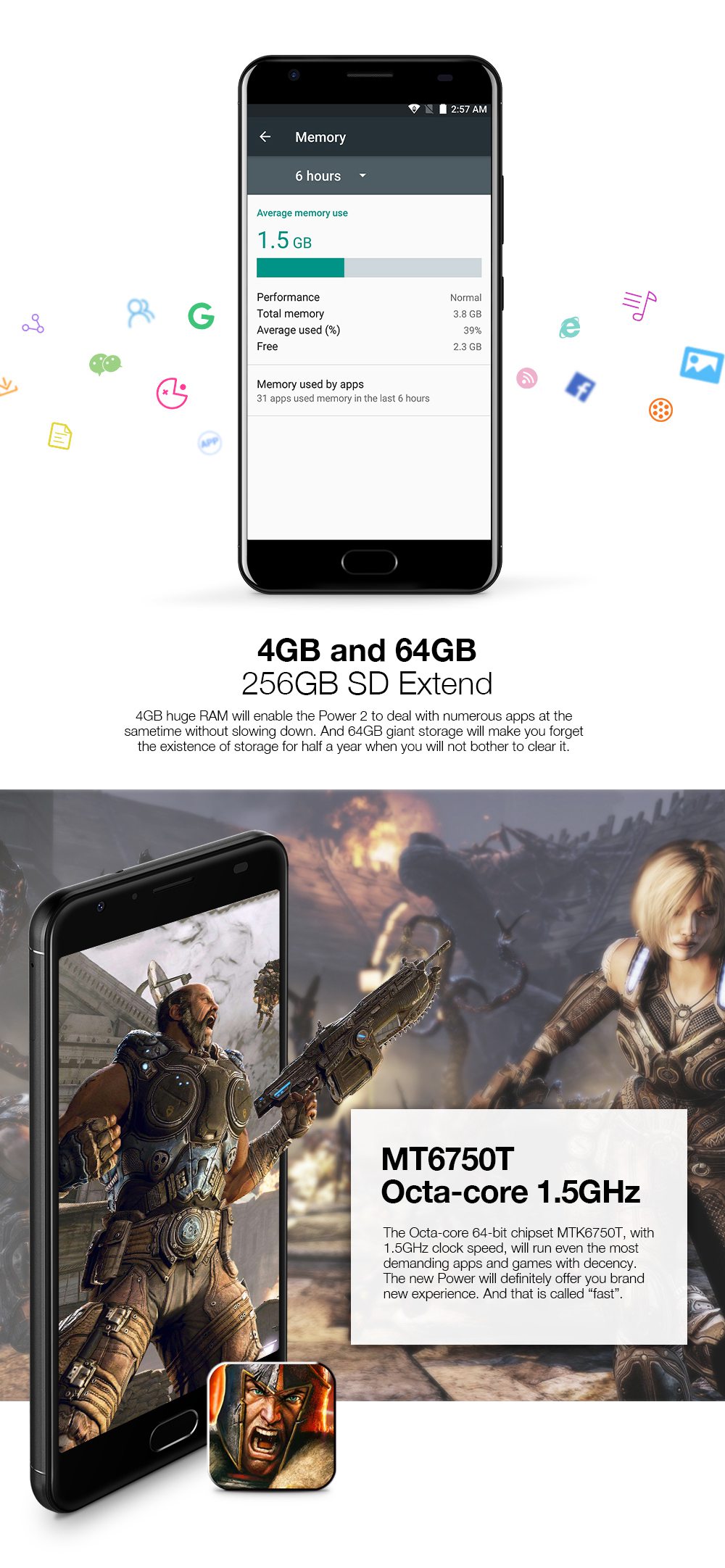 [HK Stock][US Version]Ulefone Power 2 5.5 Inch FHD Screen 4GB RAM 64GB ROM 13MP Cam MT6750T Octa Core 4G LTE Android 7.0 Smartphone Touch ID 6050mah Big Battery VoLTE - Gray