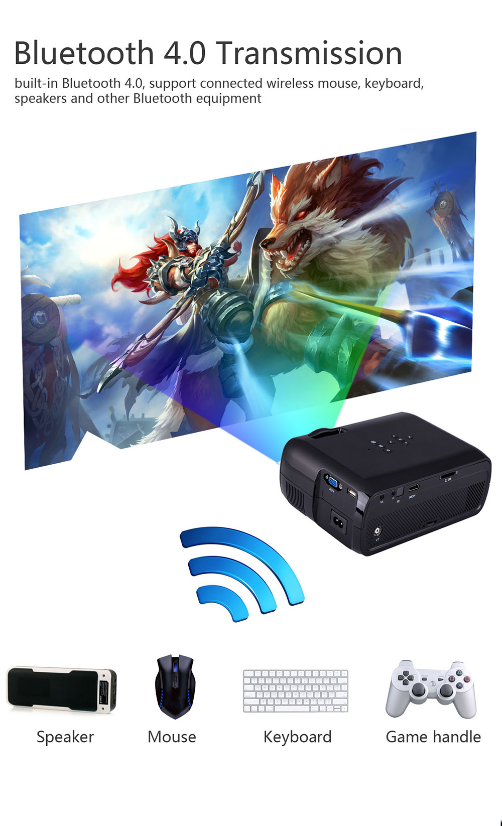 Uhappy U80 Plus Andriod 6.0 1080P Mini Project 1GB/8GB Amlogic S905X 1000 Lumens HDMI VGA USB SD Card Home Theater for TV Laptop Game iPhone Andriod Smartphone - White