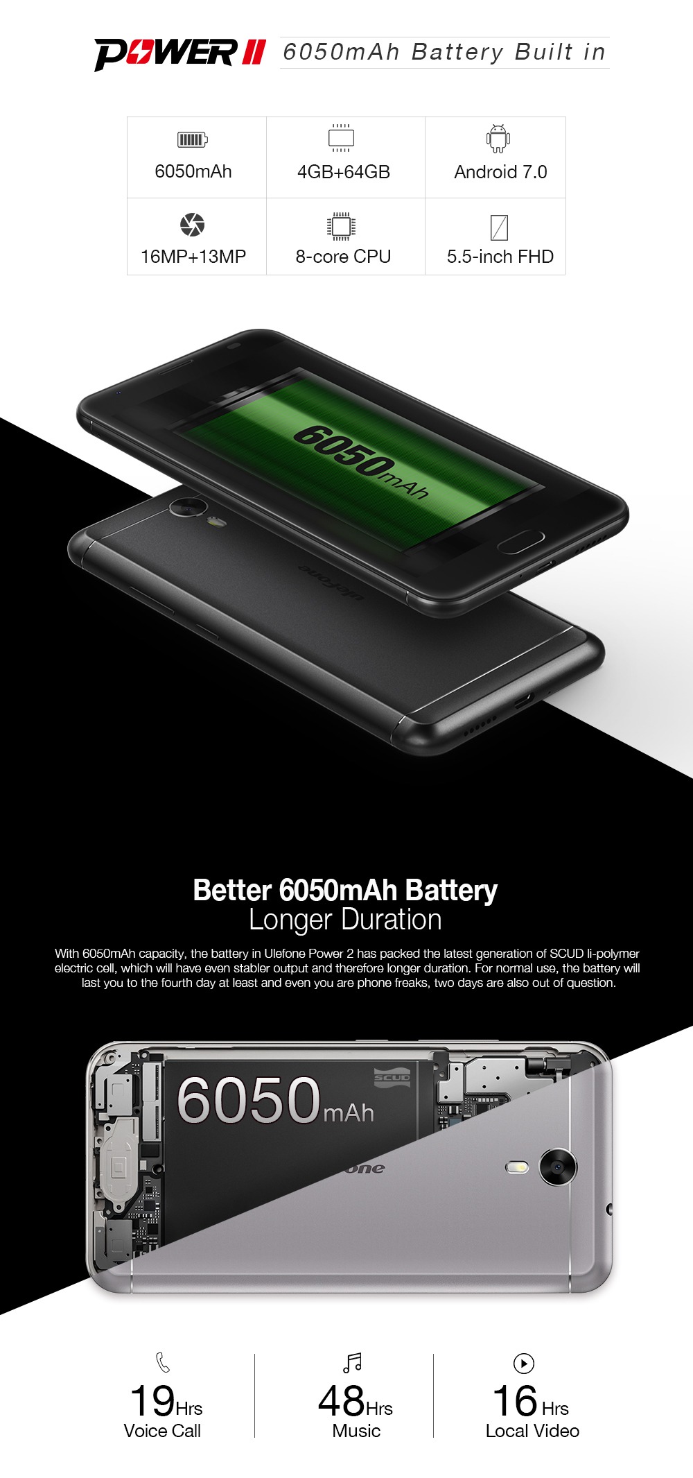 [HK Stock][US Version]Ulefone Power 2 5.5 Inch FHD Screen 4GB RAM 64GB ROM 13MP Cam MT6750T Octa Core 4G LTE Android 7.0 Smartphone Touch ID 6050mah Big Battery VoLTE - Gray