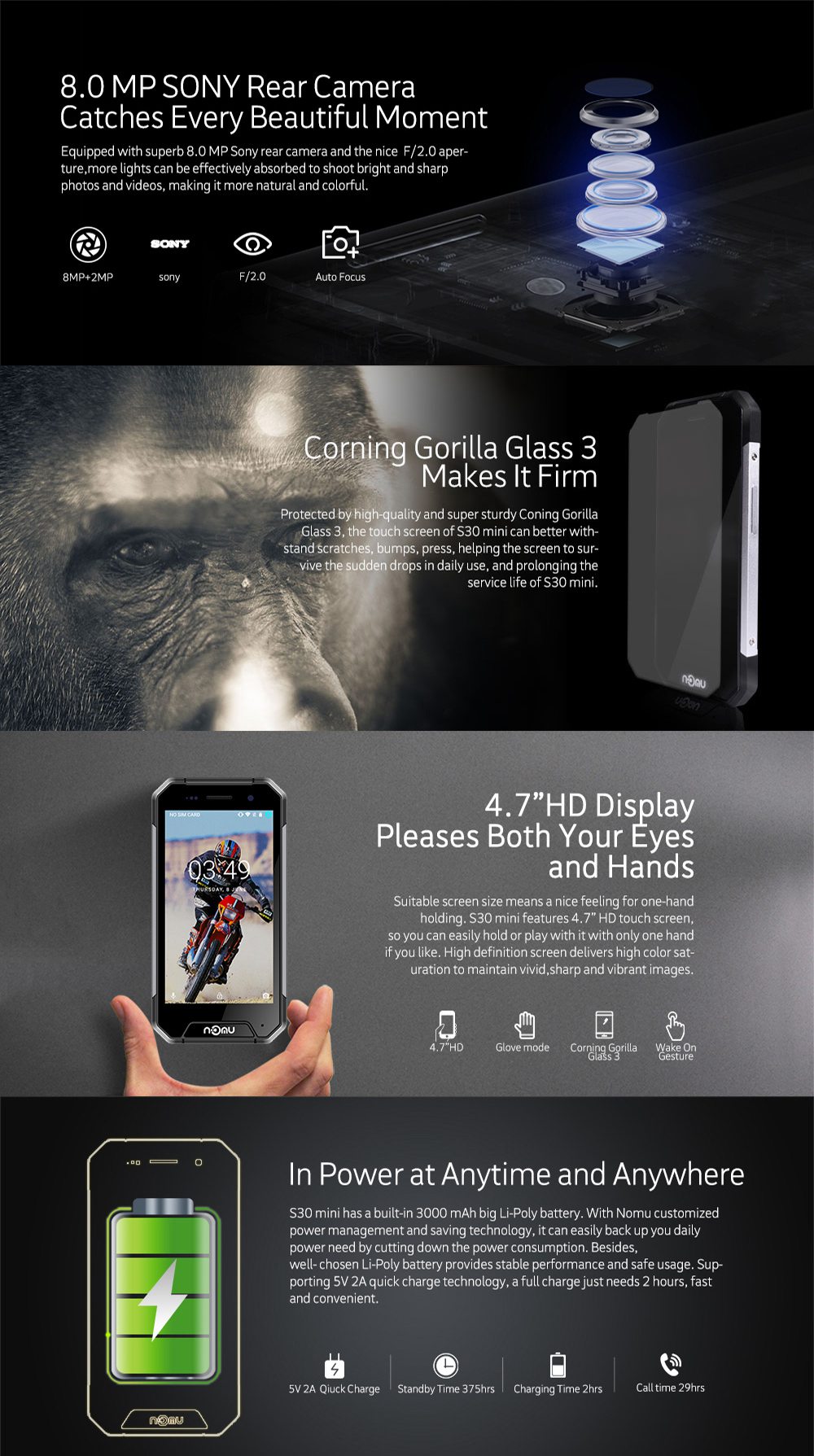[HK Stock]Nomu S30 Mini IP68 Waterproof 4.7 Inch Corning Gorilla Glass Screen 3GB RAM 32GB ROM 8.0MP Cam MTK6737T Quad Core Android 7.0 Smartphone Quick Charge - Silver
