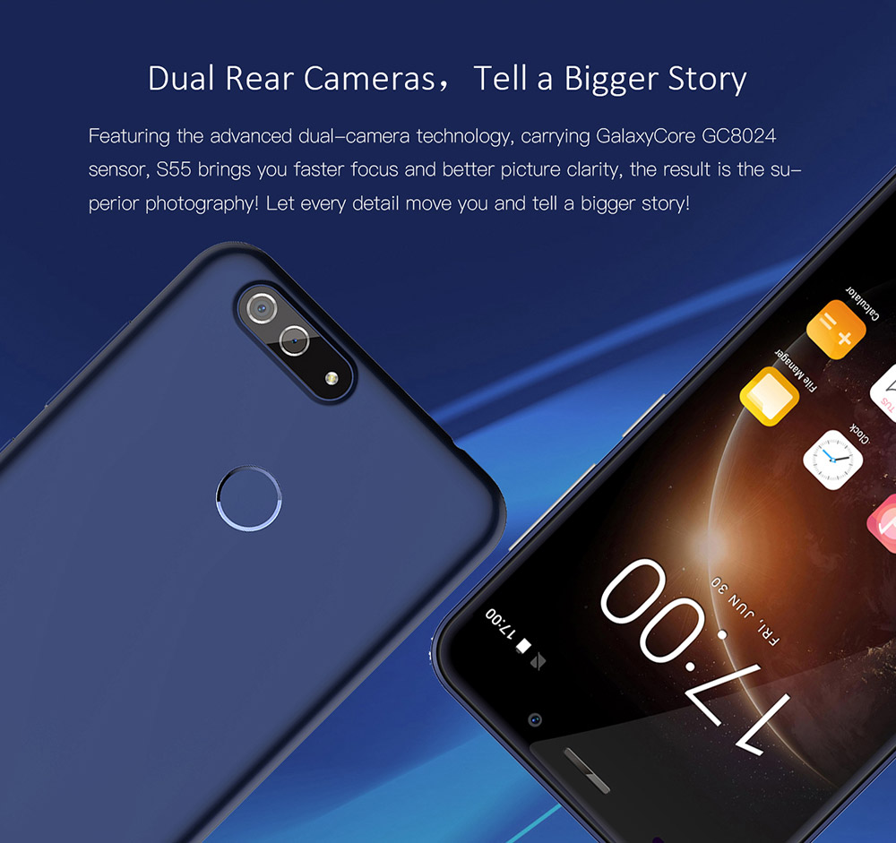 [HK Stock]Gretel S55 5.5 Inch HD Screen Smartphone Dual Rear Camera 16GB 8.0MP Cam MT6580A Quad Core Android 7.0 Touch ID 2600mAh - Black