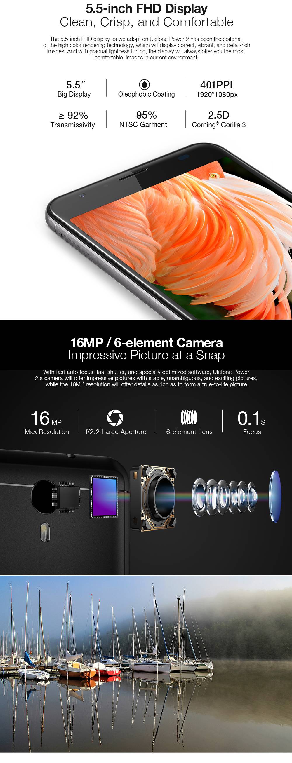 [HK Stock][US Version]Ulefone Power 2 5.5 Inch FHD Screen 4GB RAM 64GB ROM 13MP Cam MT6750T Octa Core 4G LTE Android 7.0 Smartphone Touch ID 6050mah Big Battery VoLTE - Gray