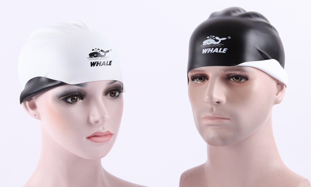 WHALE CAP-1803 Silicone Swimming Cap 3D Ergonomic Design Swim cap for Adults Lightweight and Durable - White+Black