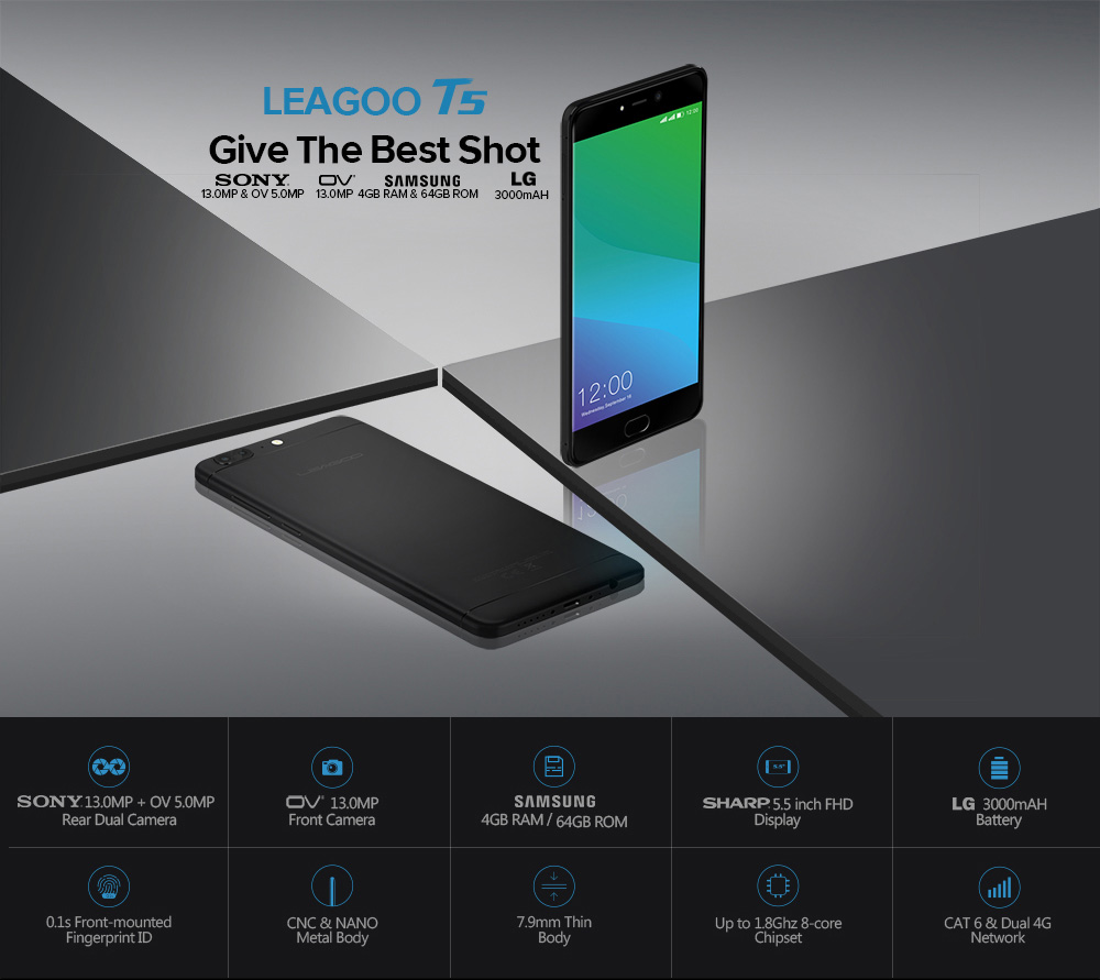 [HK Stock]LEAGOO T5 5.5 Inch Smartphone 13.0MP + 5.0MP Dual Rear Cam 13.0MP Front Cam 4GB 64GB MT6750T Octa Core Android 7.0 VoLTE Metal Body - Gold