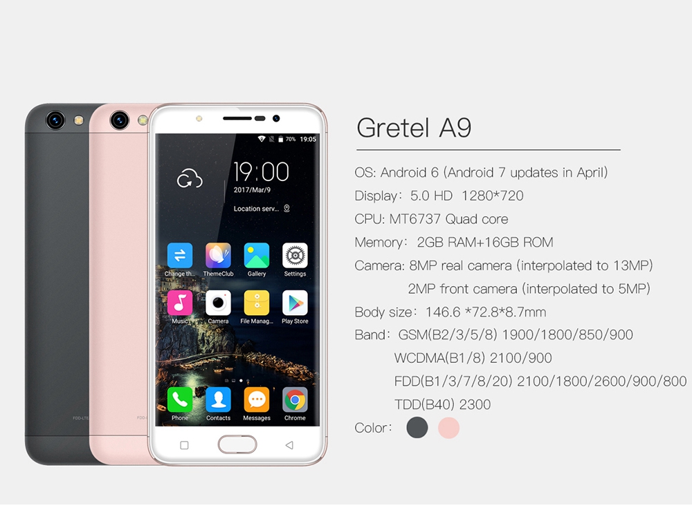 [HK Stock]Gretel A9 5.0 Inch 4G LTE Smartphone HD Screen 2GB RAM 16GB ROM 13.0MP Cam MT6737 Quad Core Android 7.0 Touch ID Full Metal Body - Black