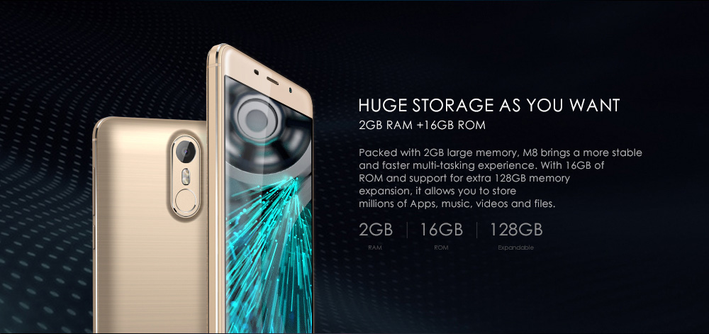 [HK Stock]LEAGOO M8 5.7inch HD 2.5D Screen Android 6.0 Smartphone MT6580A Quad Core 1.3GHz 2GB RAM 16GB ROM 8.0MP 13.0MP Touch ID WIFI GPS - Gold