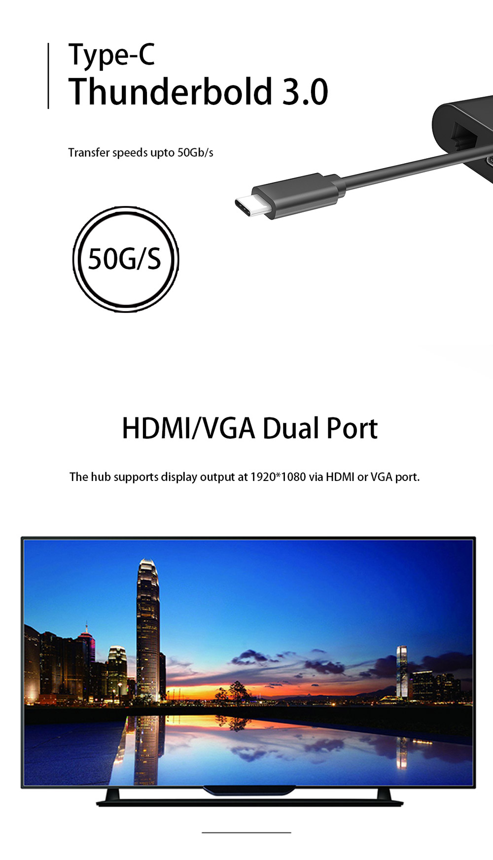 MeeGo Pad Type-C Hub with Type-C Charging Port USB 3.0 HDMI VGA Card Reader RJ45 Gigabit Ethernet LAN Network Adapter
