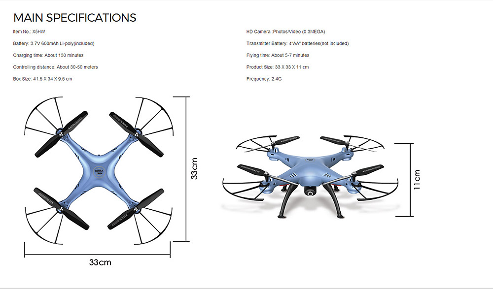 Syma X5HW WIFI FPV with 0.3MP HD Camera Altitude Hold 3D Roll 2.4G 4CH 6Axis RC Quadcopter RTF - Blue