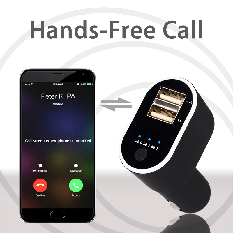 EC6 Dual USB Port Car Charger Bluetooth FM Transmitter Handsfree Calling Car Charger Bluetooth 4.2 EDR - White