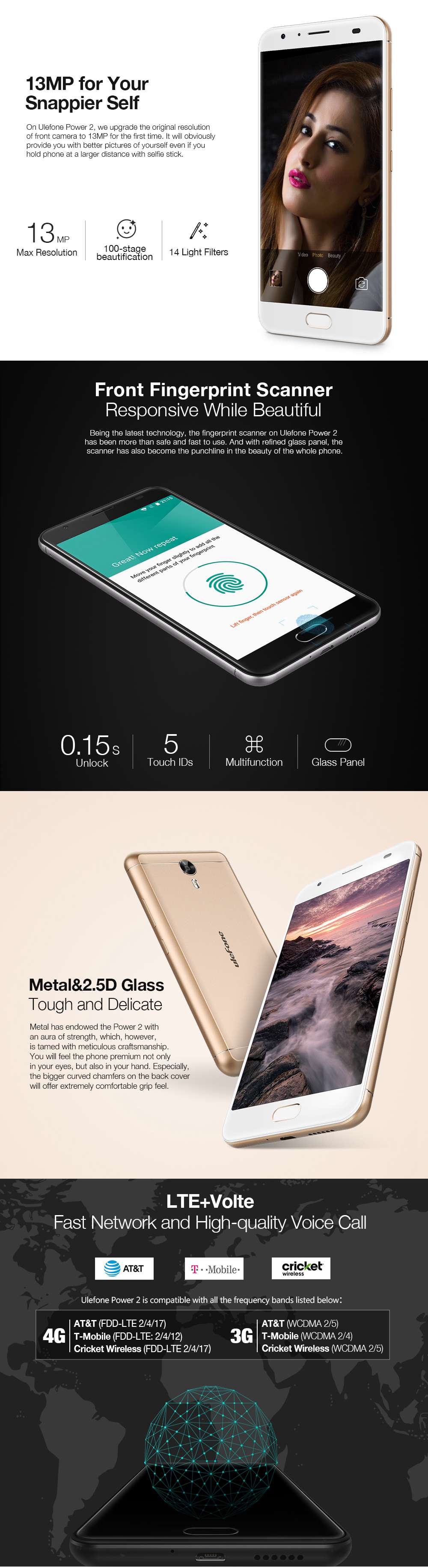 [HK Stock][US Version]Ulefone Power 2 5.5 Inch FHD Screen 4GB RAM 64GB ROM 13MP Cam MT6750T Octa Core 4G LTE Android 7.0 Smartphone Touch ID 6050mah Big Battery VoLTE - Gray