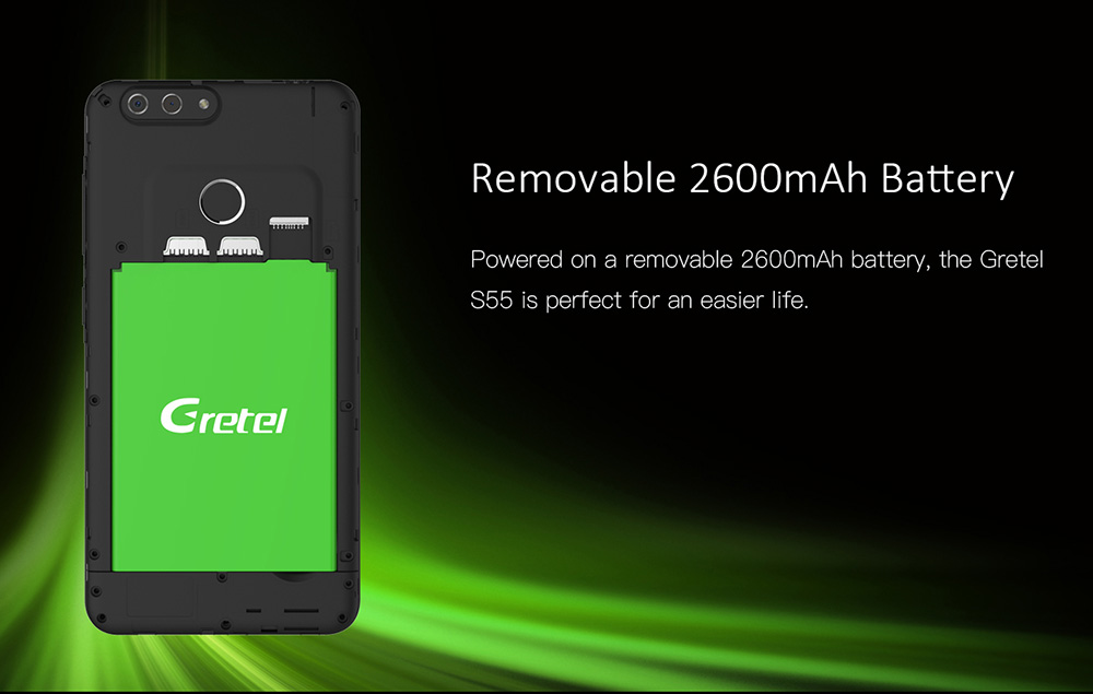 [HK Stock]Gretel S55 5.5 Inch HD Screen Smartphone Dual Rear Camera 16GB 8.0MP Cam MT6580A Quad Core Android 7.0 Touch ID 2600mAh - Black