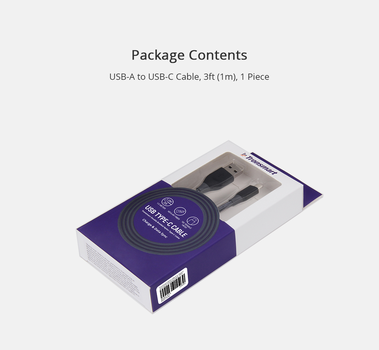 Tronsmart 1m*1  USB A TO Type-C Cable Sync & Charging Cable for Type-C Supported Devices - Gray+Black