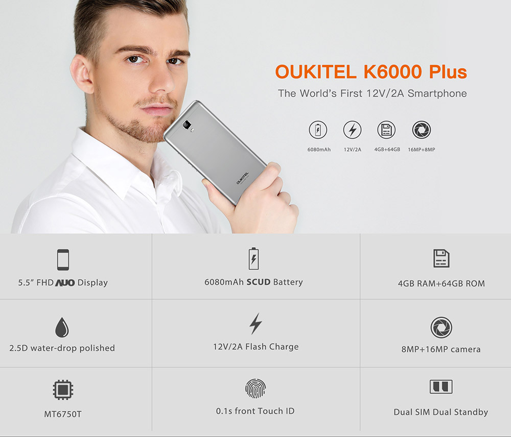 [HK Stock]OUKITEL K6000 PLUS 5.5 Inch FHD 2.5D Asahi Glass Screen 4GB RAM 64GB ROM 16MP Cam MT6750T Octa Core 4G LTE Android 7.0 Smartphone Touch ID 6080mAh Big Battery HiFi - Gold