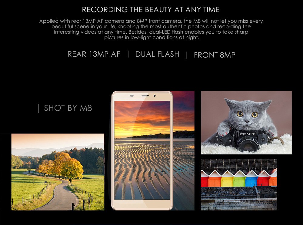 [HK Stock]LEAGOO M8 5.7inch HD 2.5D Screen Android 6.0 Smartphone MT6580A Quad Core 1.3GHz 2GB RAM 16GB ROM 8.0MP 13.0MP Touch ID WIFI GPS - Gold