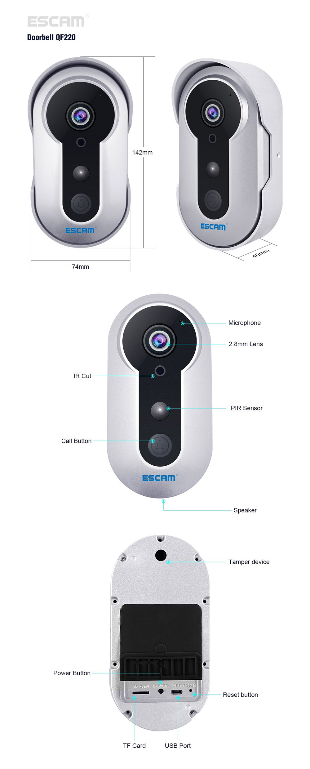 ESCAM QF220 Smart Doorbell WiFi Remote Control P2P Night Vision Security Camera -Silver