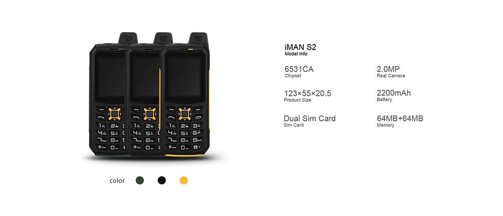 iMAN S2 IP68 Rugged Phone Waterproof Dustproof Shockproof  6531CA 64M+64M 2.0MP Flashlight Power Bank 2200mAh Cell Phone - Black