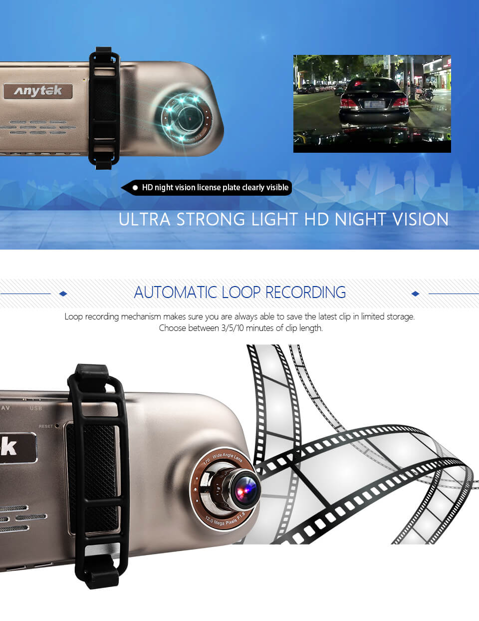 Anytek A80 5.0" Car DVR Dual Lens 1080P Car Dashboard Camera with 170 Wide Angle Front and Rear DVR HD Night Mode - Gray