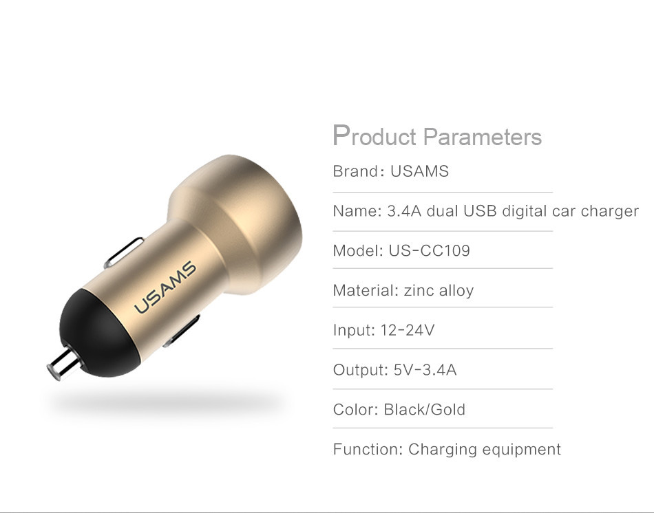 USAMS US-CC019 Dual USB Ports Smart Car Charger 5V 3.4A Fast Charge Wide Compatibility Multi-Protections with LCD Digital Display - Black