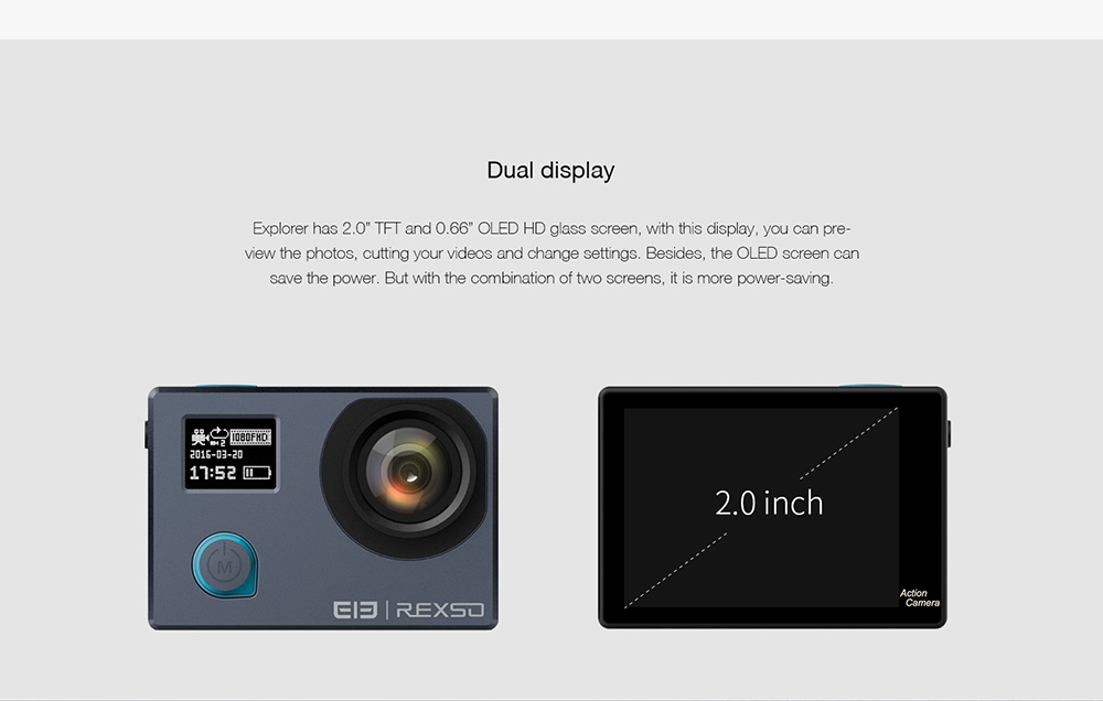 Elephone Explorer Dual NT96660 2.0 Inches Action Camera 4K 24fps Dual Screen Display 170 Degree Ultra Wide Angle Wifi Sports Camera - Iron-gray