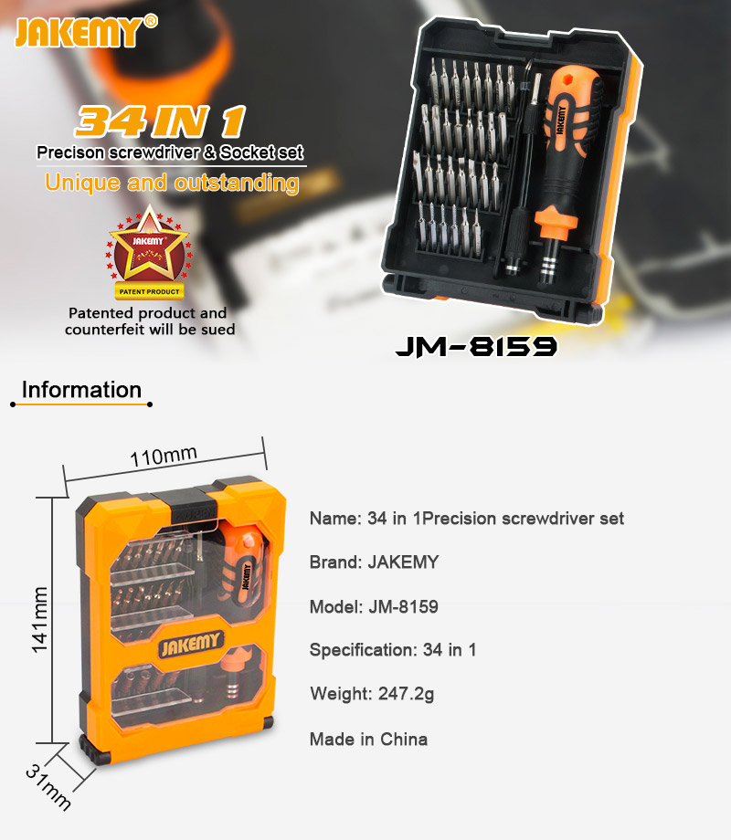 Jeu de tournevis JAKEMY JM-8159 34 in1 avec pince à épiler pour réparation électronique