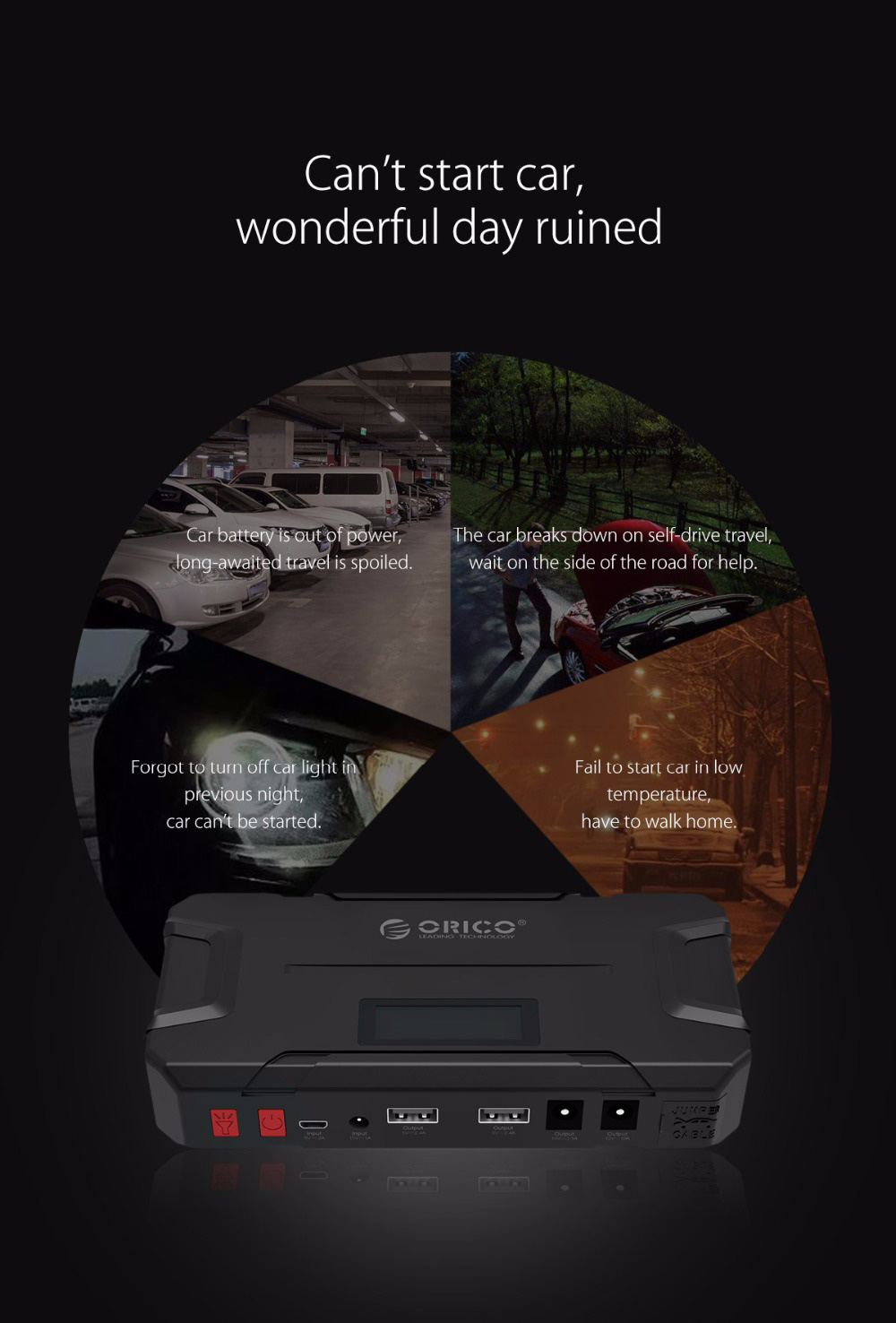 ORICO CS2 12000mAh Car Jump Starter Emergency Lighting For Diesel Gas Car Motorbike Phone Power Bank USB Charging With LED Indicator Lights - Black