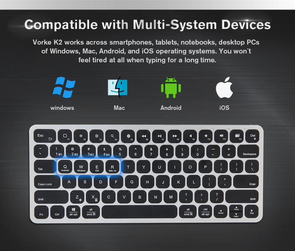 VORKE K2 Aluminum Wireless Bluetooth Ultra-thin Backlit Keyboard for iOS Android Windows MacOS - Black+Silver