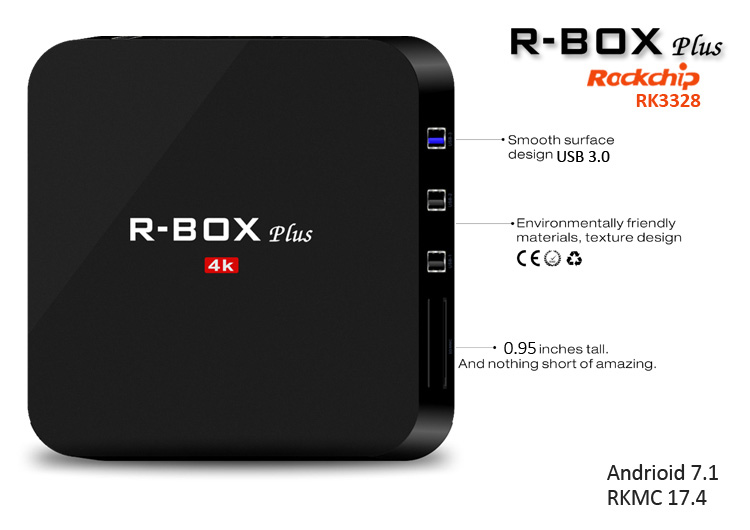 R-BOX Plus 4K Android 7.1 RK3328 2GB DDR3 16GB EMMC TV BOX 802.11 b/g/n WIFI KODI HDMI 2.0 with CEC DLNA LED Display