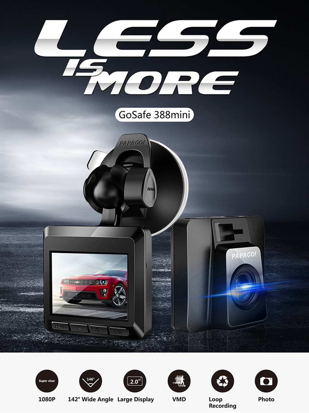 PAPAGO Gosafe 388mini 1080P Car DVR 2.0" LCD Screen 142 Degree Wide Angle Dashboard Camera with G-Sensor WDR Parking Monitor - Black