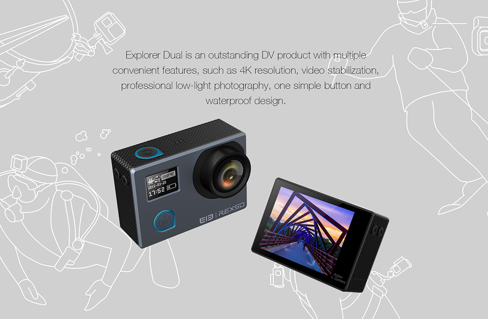 Elephone Explorer Dual NT96660 2.0 Inches Action Camera 4K 24fps Dual Screen Display 170 Degree Ultra Wide Angle Wifi Sports Camera - Iron-gray