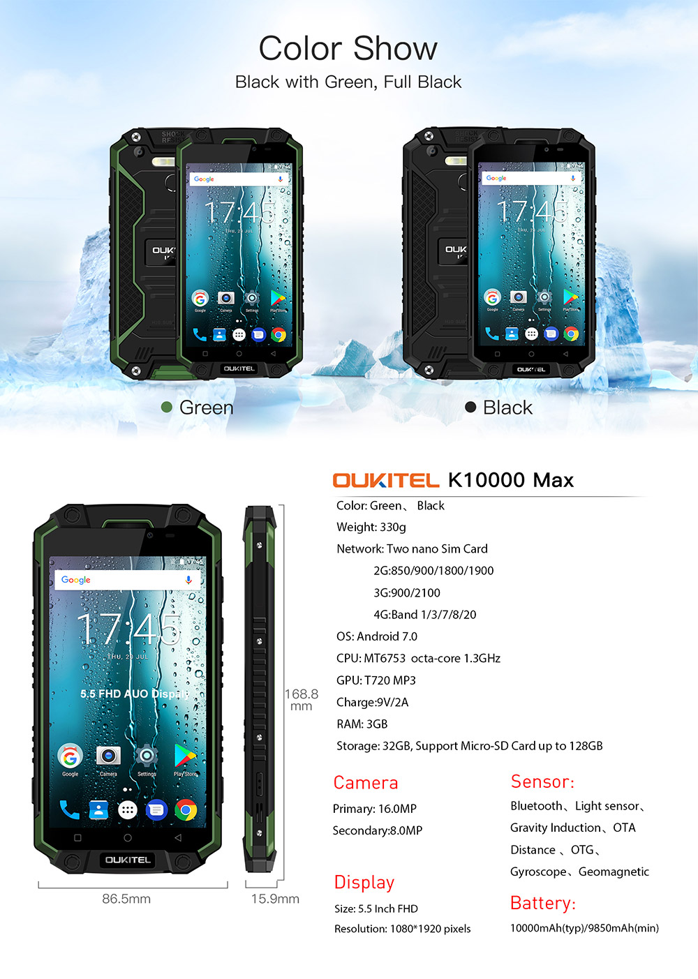 [HK Stock]OUKITEL K10000 MAX 5.5 Inch IP68 Waterproof Smartphone 10000mAh Corning Gorilla Glass FHD Screen 16.0MP Cam 3GB 32GB MT6753 Octa Core Android 7.0 Touch ID Type-C Fast Charge - Green