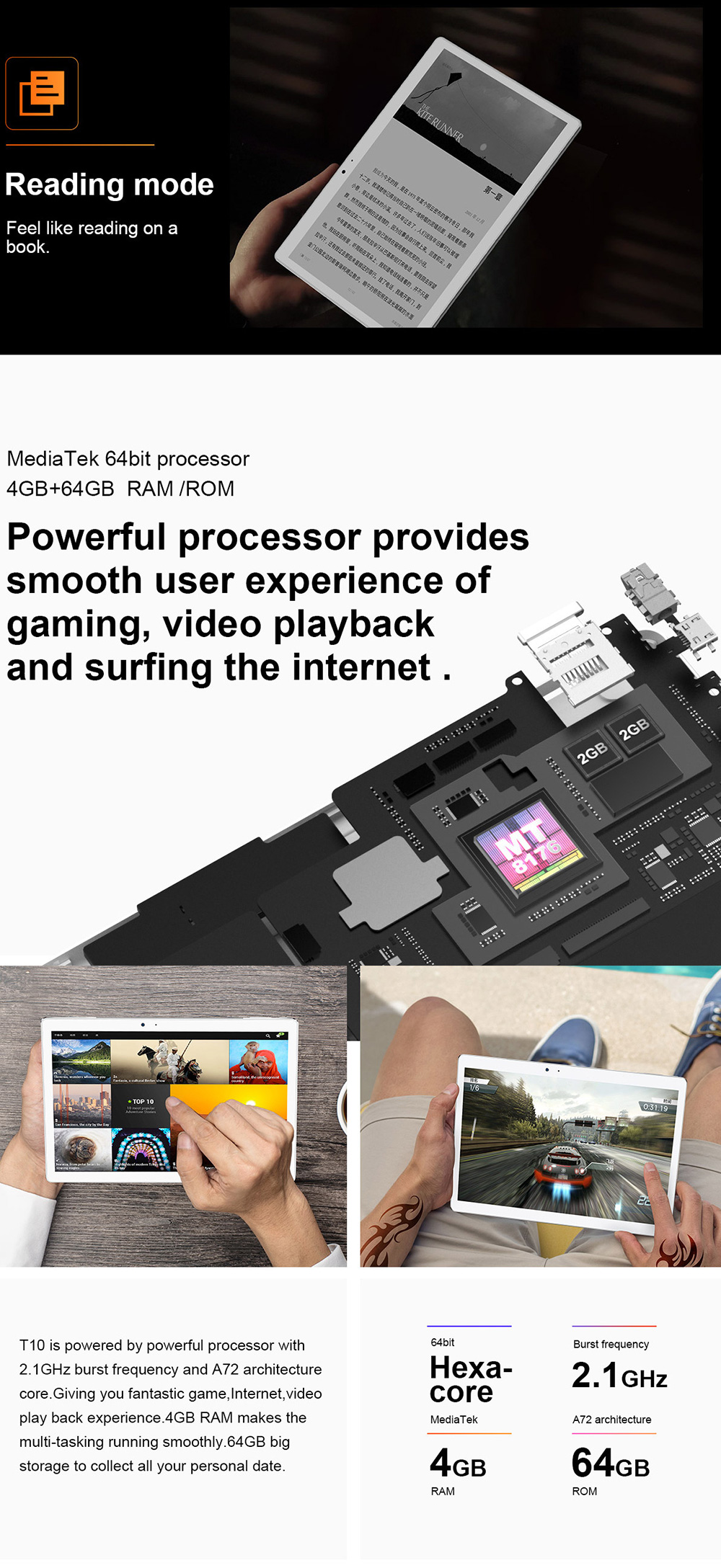 Teclast T10 10.1" Android 7.0 Tablet MediaTek MT8176 Hexa Core 2.1GHz 4GB RAM 64GB Touch ID Dual Camera Dual Band Wifi - Silver/White