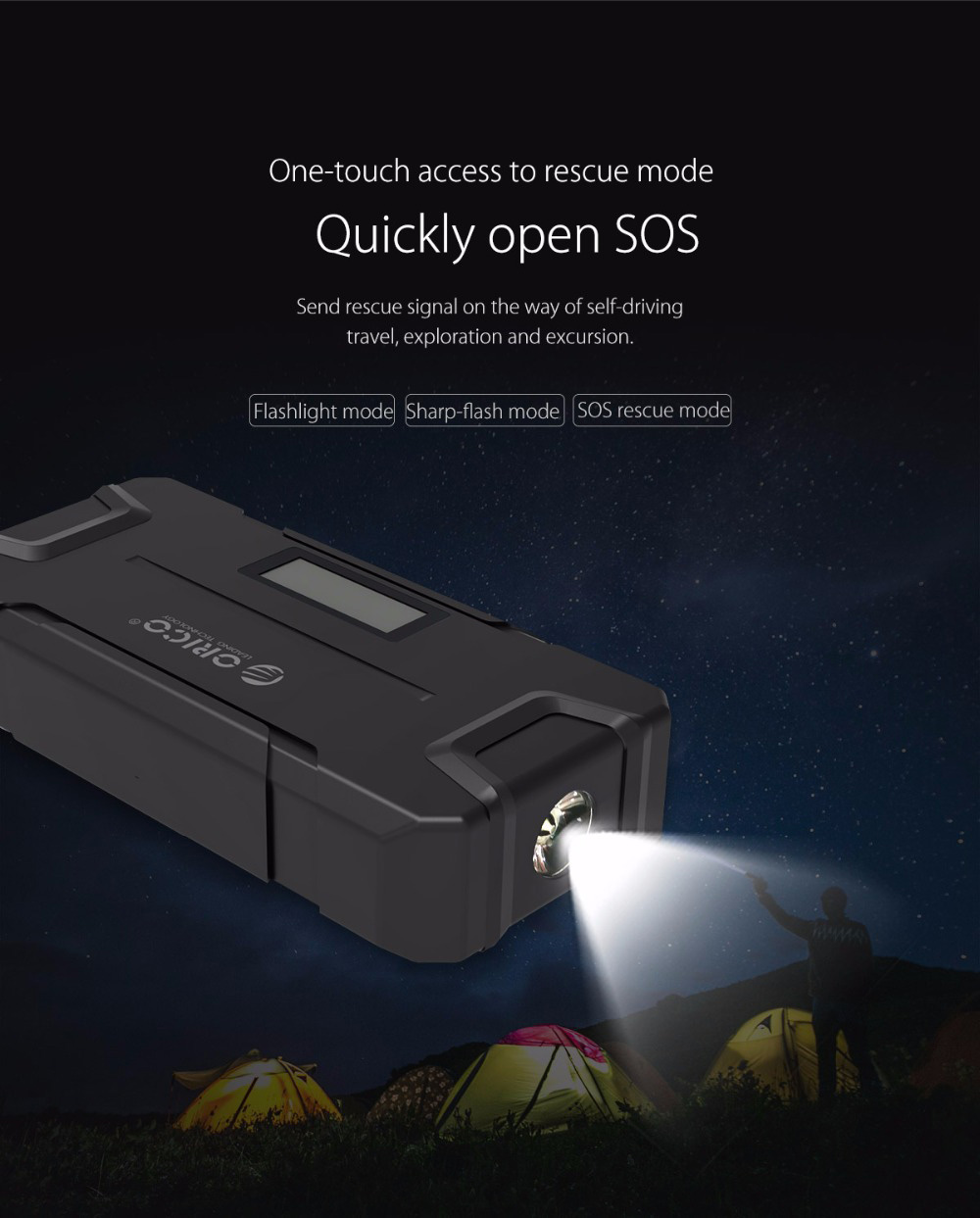 ORICO CS2 12000mAh Car Jump Starter Emergency Lighting For Diesel Gas Car Motorbike Phone Power Bank USB Charging With LED Indicator Lights - Black