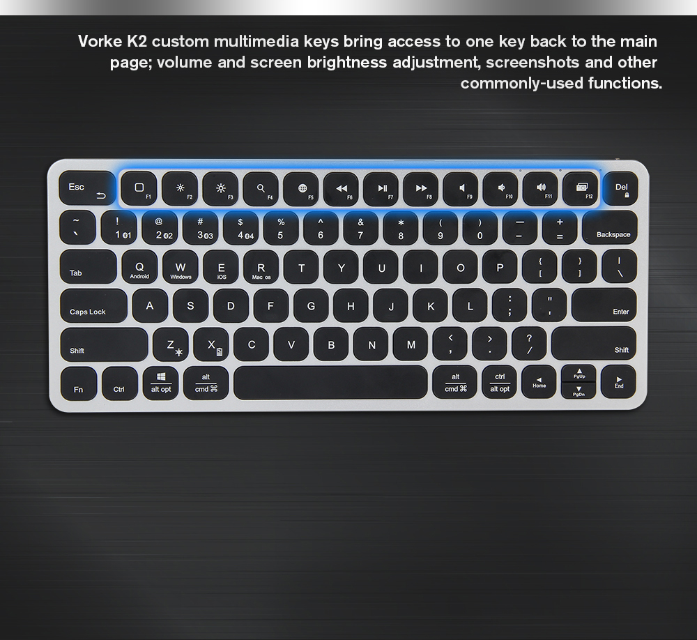VORKE K2 Aluminum Wireless Bluetooth Ultra-thin Backlit Keyboard for iOS Android Windows MacOS - Black+Silver