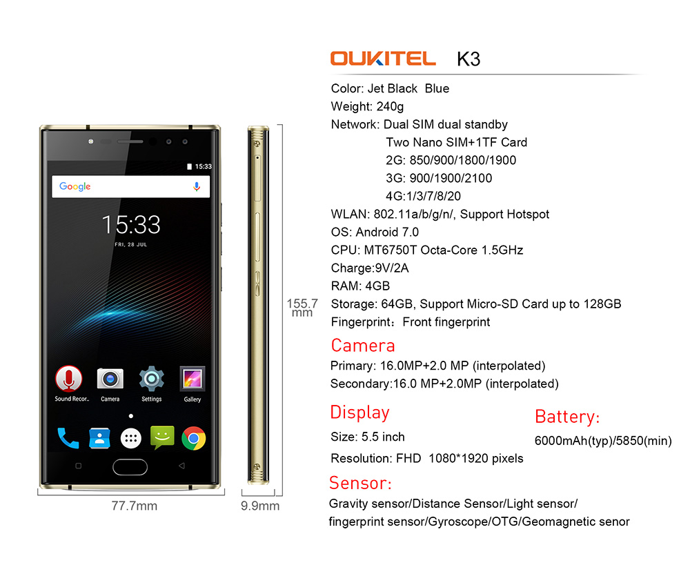 OUKITEL K3 5.5 Inch 4G LTE Smartphone 6000mAh Battery 4GB RAM 64GB ROM 16MP MT6750T Octa Core Android 7.0 Four Cameras Touch ID - Black