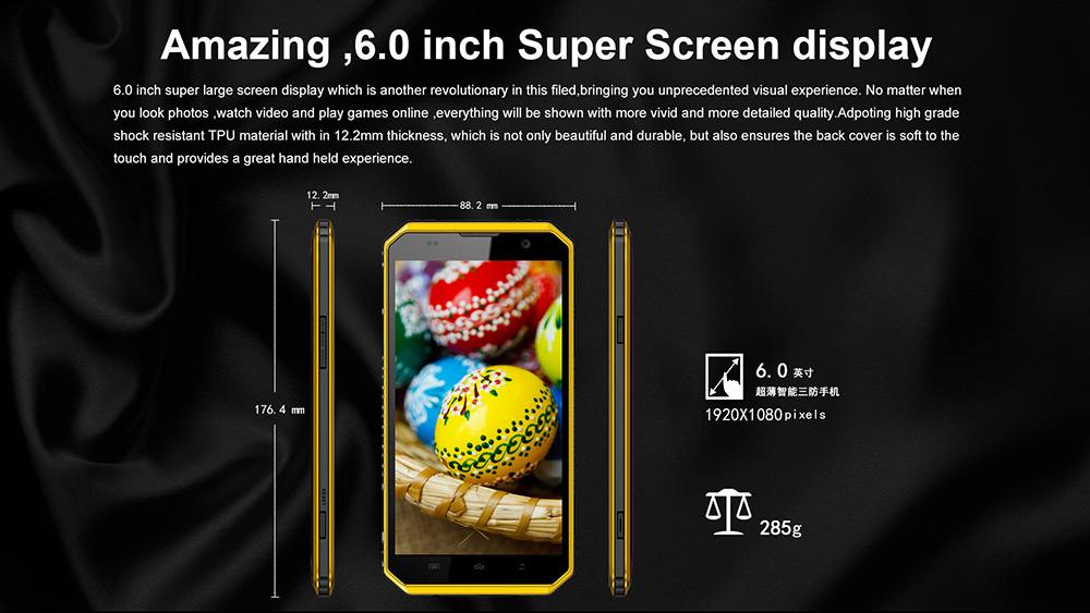 [HK Stock]E&L W9 6.0 Inch IP68 Waterproof 4G LTE Smartphone 4000mAh Corning Gorilla Glass 3 MTK6735 Octa Core 2GB 16GB 8.0MP Cam Android 6.0 - Black