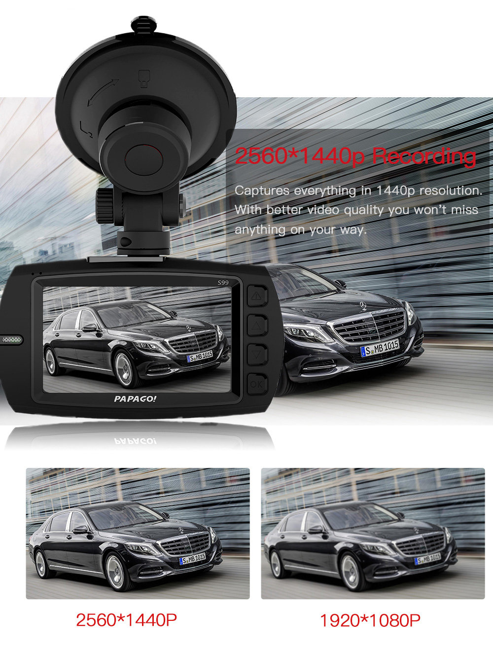PAPAGO S99 1440P 2.7 inch Car DVR Dash Cam PPG8031 Video Recorder 178 Degree Angle Lens with WD - Black