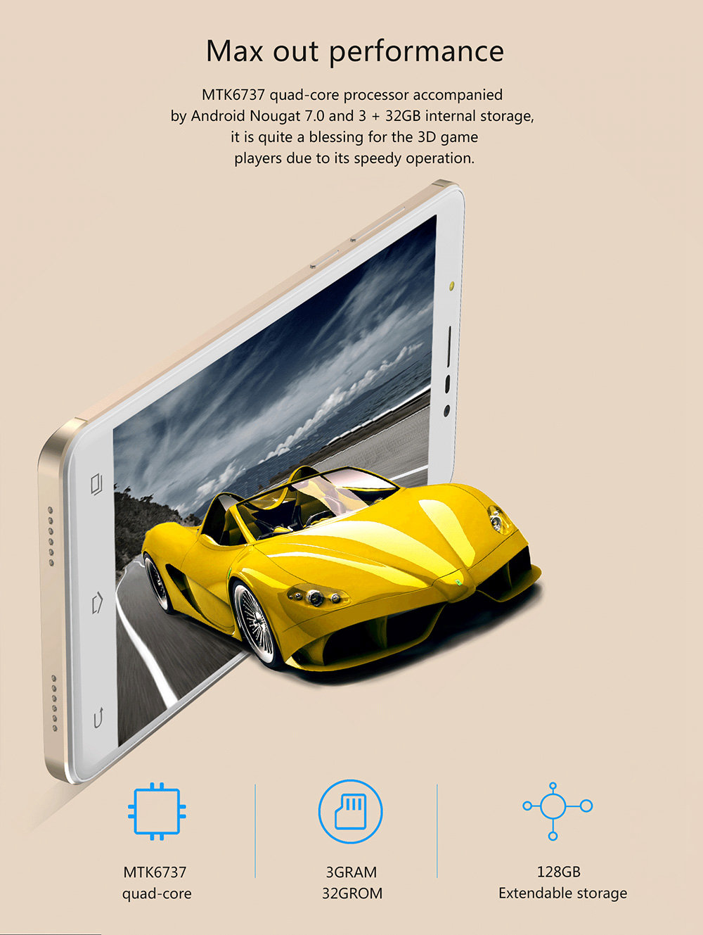 UHANS Note 4 5.5 Inch Smartphone HD Screen 3GB RAM 32GB ROM 13.0MP Cam MT6737 Quad Core Android 7.0 Touch ID 4000mAh - Gold