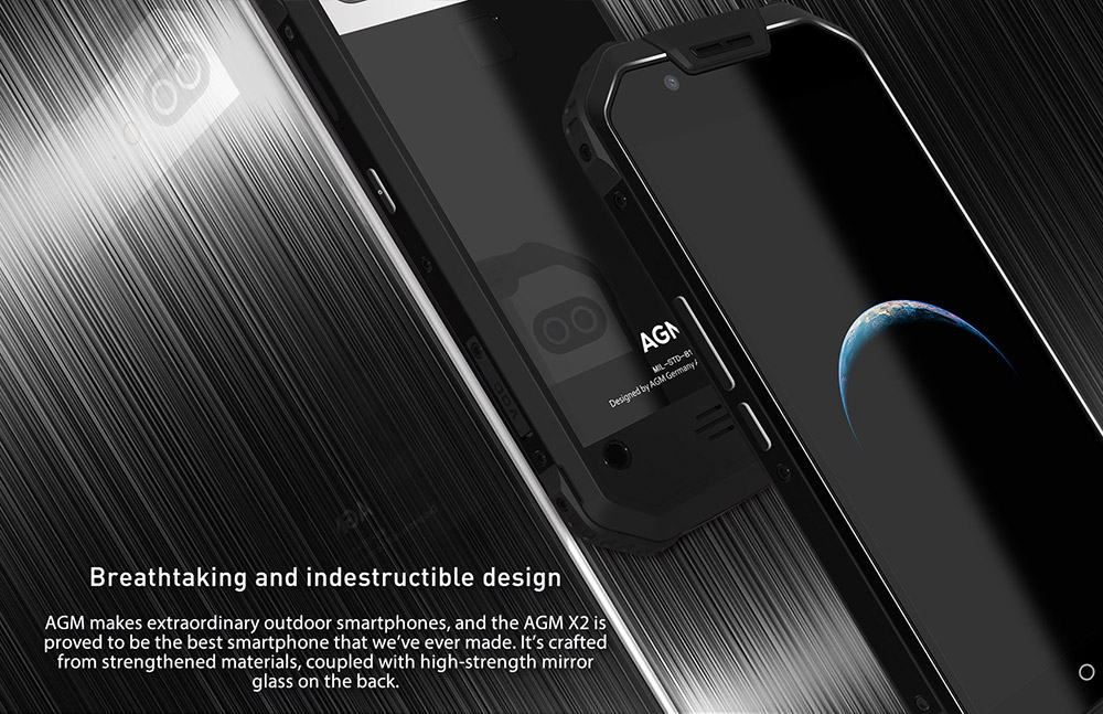 AGM X2 5.5 Inch IP68 Waterproof 4G LTE Smartphone 6GB 64GB Qualcomm Snapdragon 653 Octa Core Android 7.1 Four Cameras Touch ID - Black