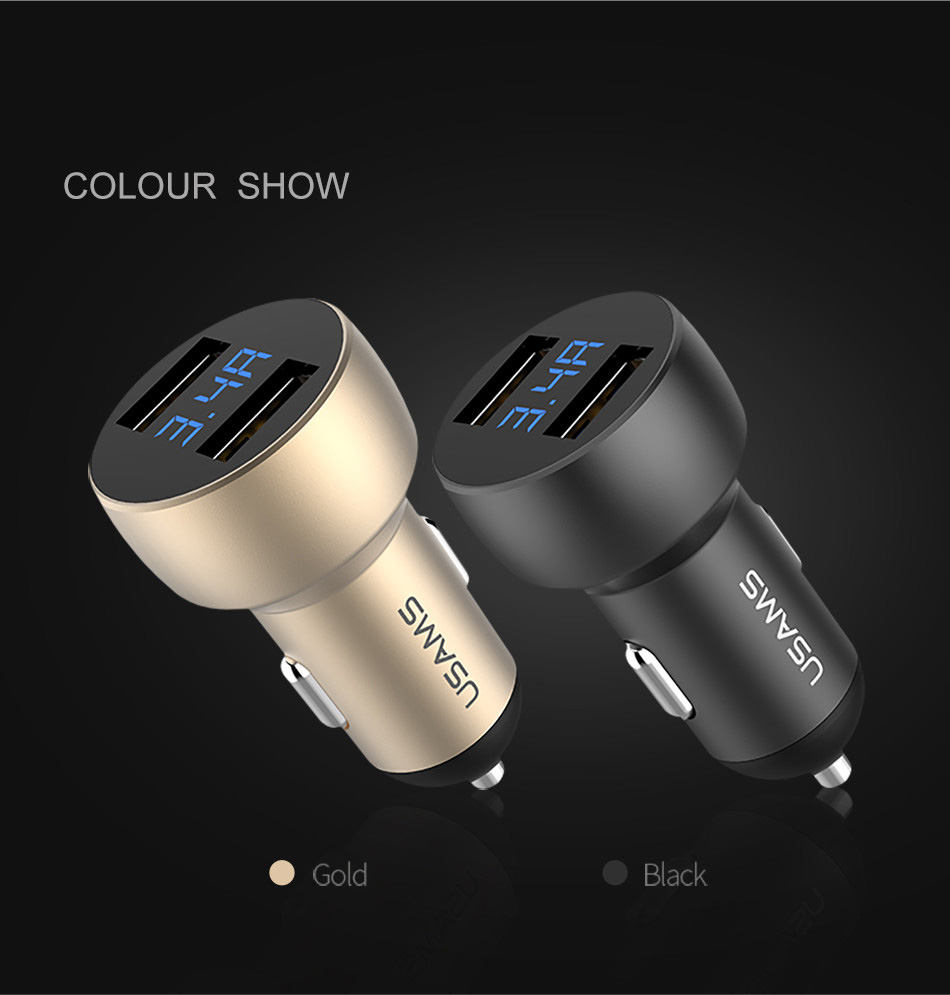 USAMS US-CC019 Dual USB Ports Smart Car Charger 5V 3.4A Fast Charge Wide Compatibility Multi-Protections with LCD Digital Display - Black