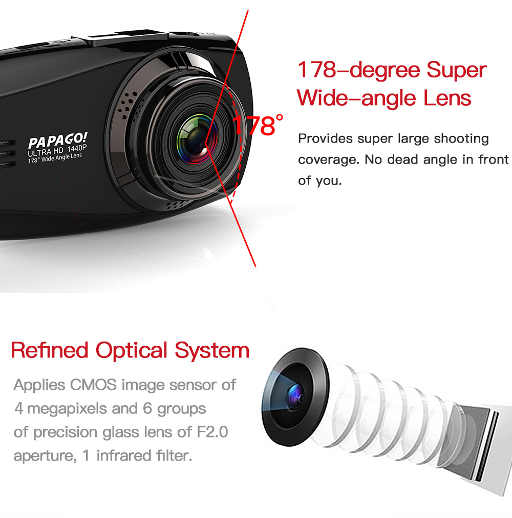 PAPAGO S99 1440P 2.7 inch Car DVR Dash Cam PPG8031 Video Recorder 178 Degree Angle Lens with WD - Black
