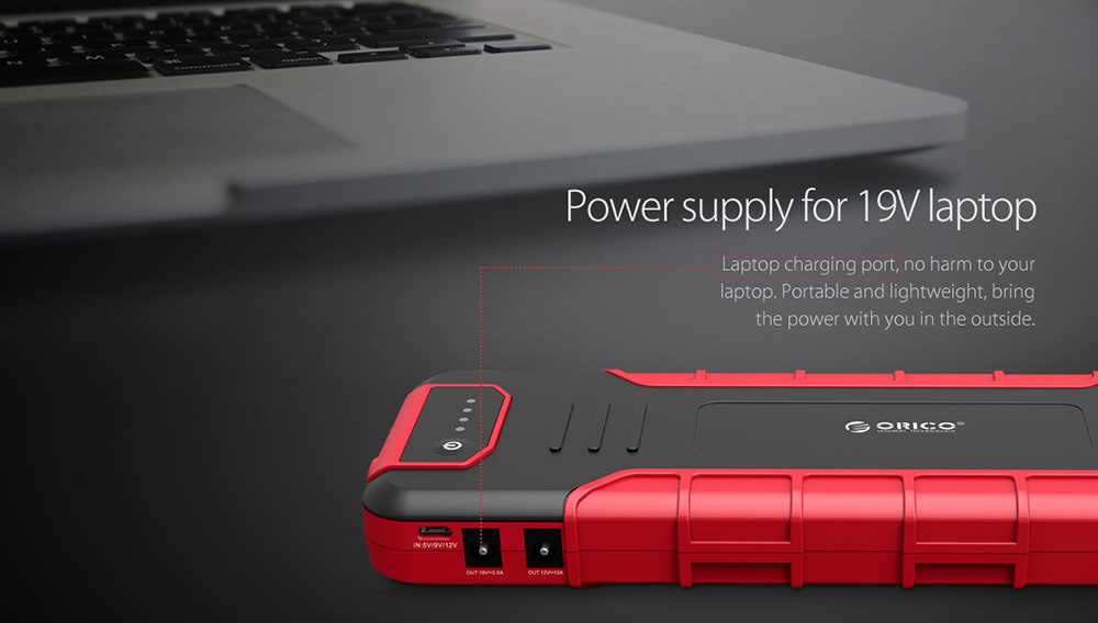 ORICO CS3 18000mAh Car Jump Starter Emergency Lighting For Diesel Gas Car Motorbike Phone Power Bank USB Charging With LED Indicator Lights - Black + Red