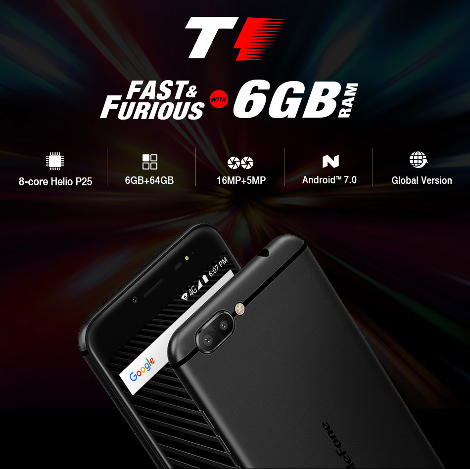 [HK Stock][Global Version]Ulefone T1 5.5 Inch 4G LTE Smartphone Helio P25 Octa Core 2.6Ghz  6GB 64GB 16.0MP Dual Rear Cam Android 7.0 Type-C NXP HiFi Audio - Black