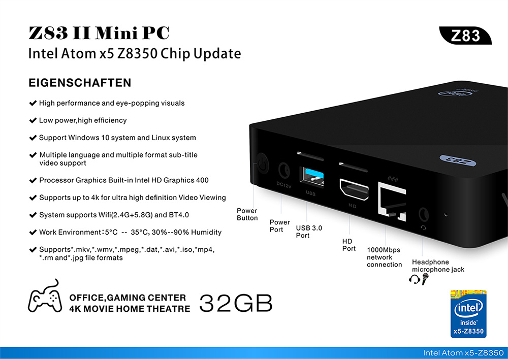 Z83II Windows 10 64Bit Intel Atom X5 Z8350 4K MINI PC 2GB/32GB 2.4G/5.8G WIFI Gigabit LAN Bluetooth HDMI USB3.0