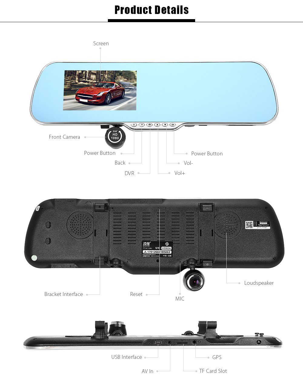 BLACKVIEW HS900A 4.3 Inch LCD Display 1080P FHD Car DVR Dashcam Video Recorder 350 Degree Wide Angle Lens with Rear View Camera - Blue+Black